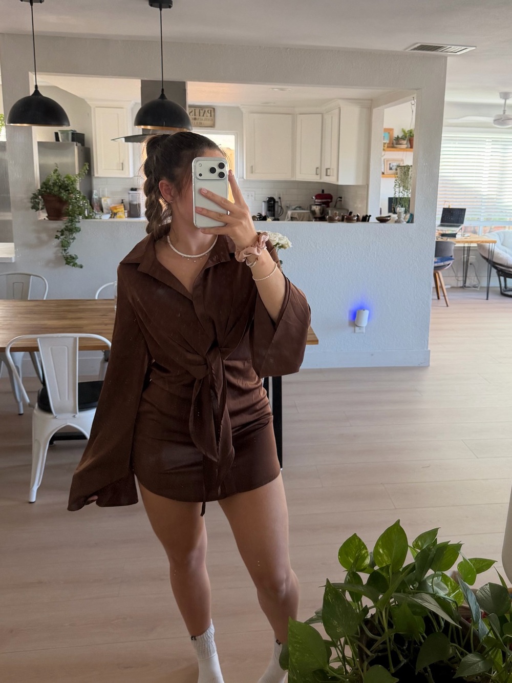 White Fox Boutique Brown Long Sleeve Tie-Waist Mini Dress